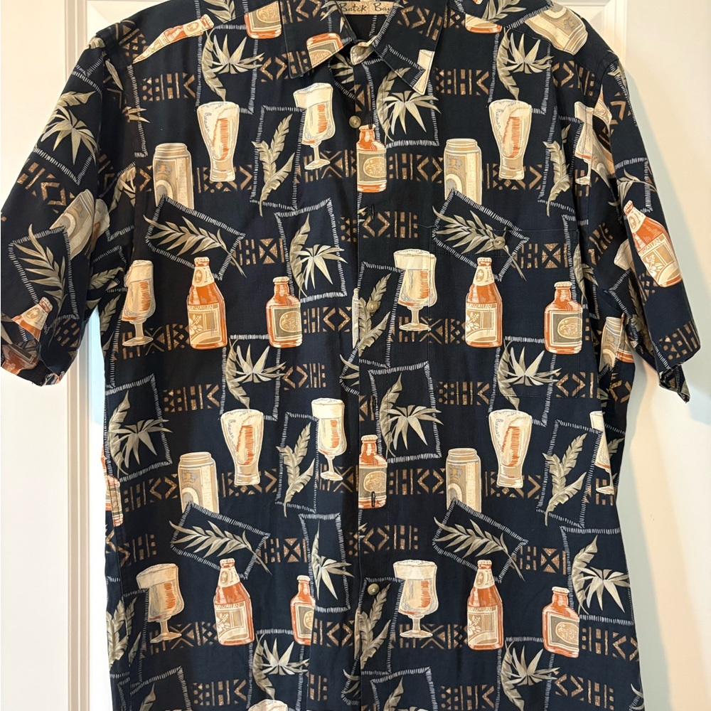 Casual Black Tropical Beer-Print Short Sleeve Shirt